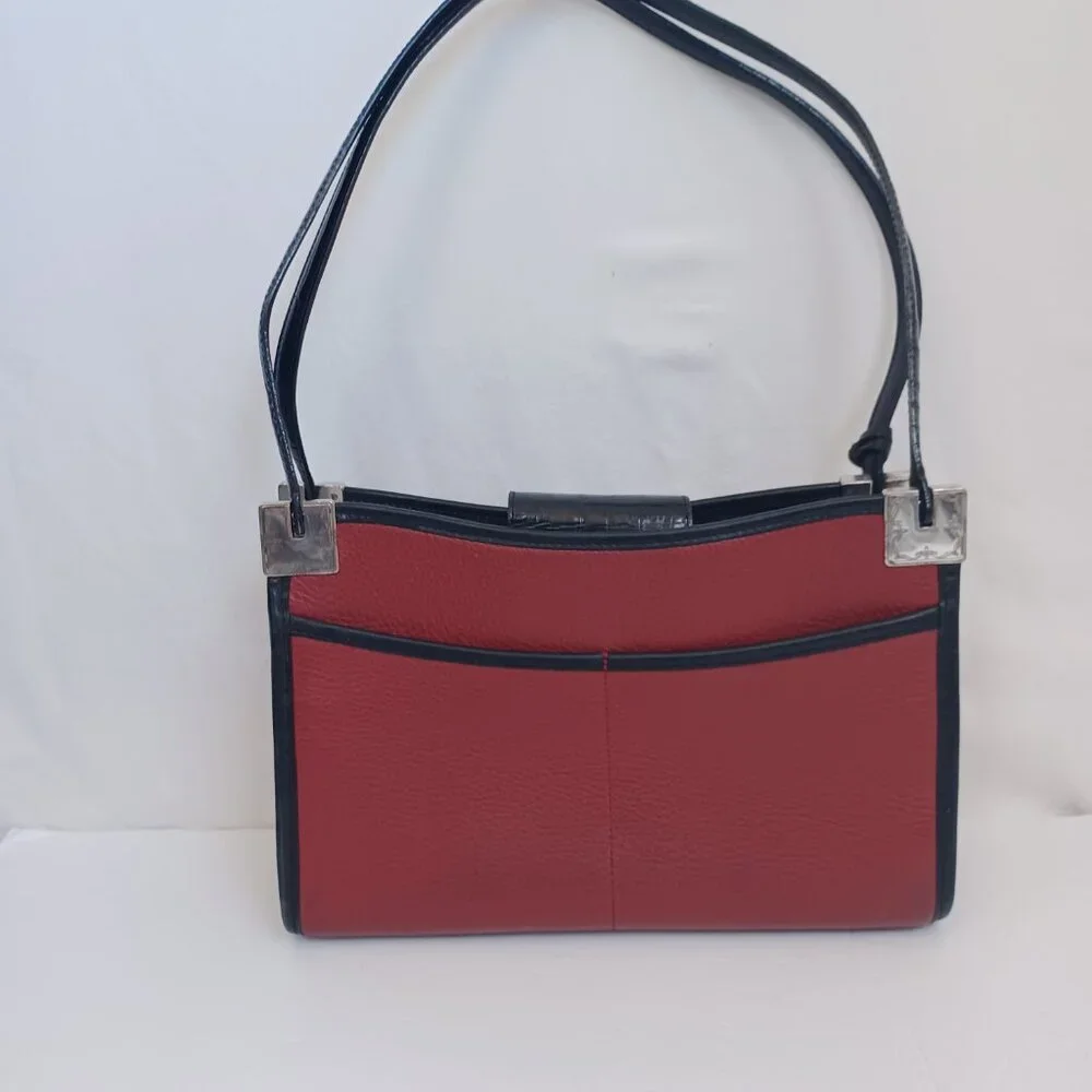 Brighton Bag Leather Shoulder Handbag Croc-Embossed Black‎ Maroon